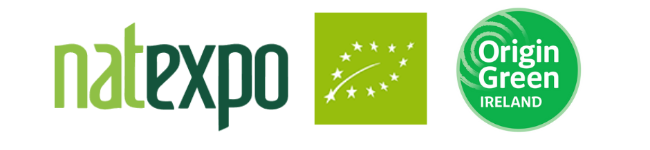 Natexpo logo, EU organic logo and origin green logo in one image