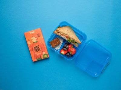 Blue lunchbox with sandwich